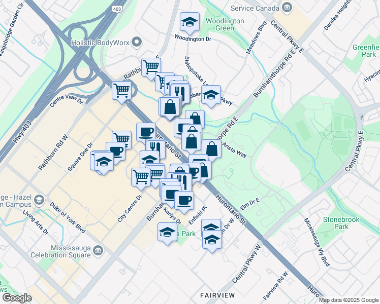 map of restaurants, bars, coffee shops, grocery stores, and more near in Mississauga