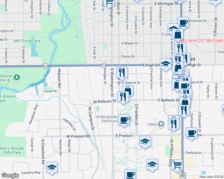 map of restaurants, bars, coffee shops, grocery stores, and more near 1028 South Washington Street in Mount Pleasant