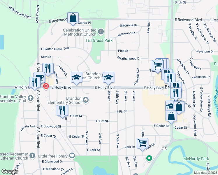 map of restaurants, bars, coffee shops, grocery stores, and more near 701 East Holly Boulevard in Brandon