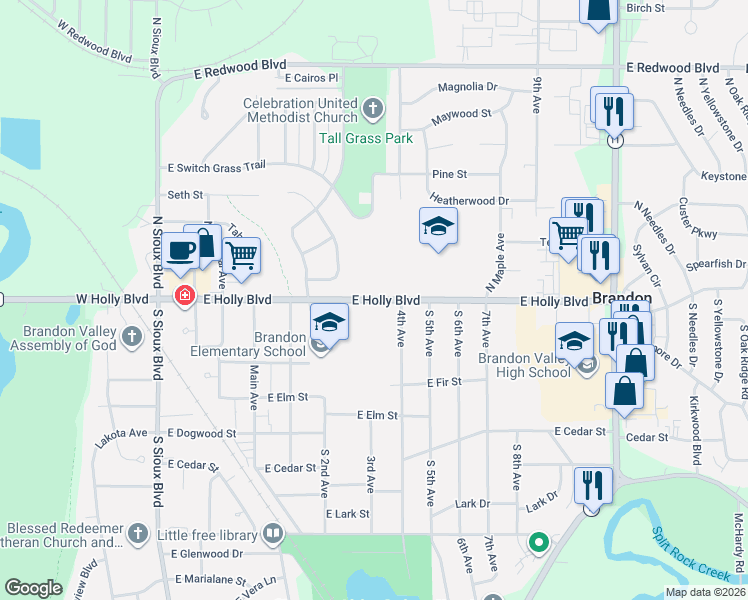 map of restaurants, bars, coffee shops, grocery stores, and more near 633 East Holly Boulevard in Brandon
