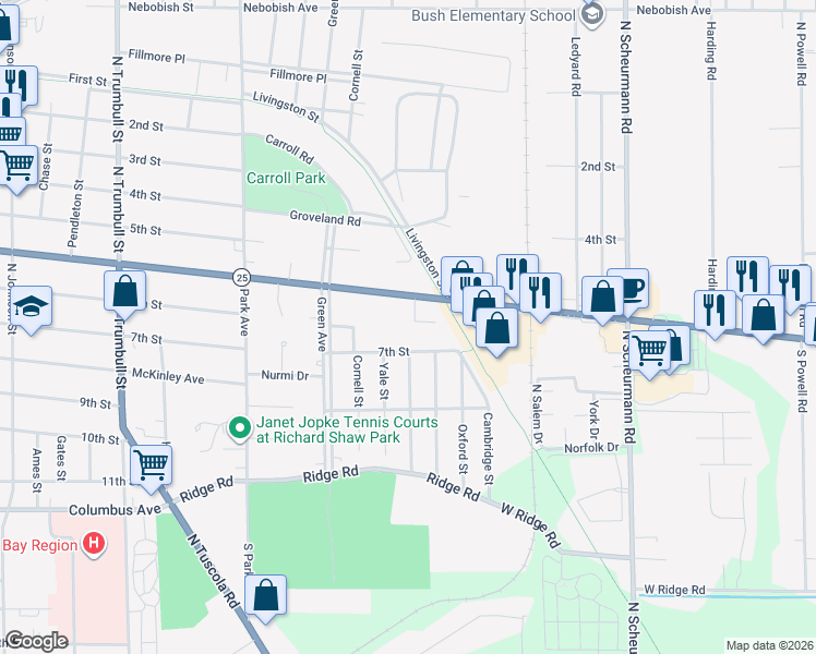 map of restaurants, bars, coffee shops, grocery stores, and more near 22 Center Court in Bay City