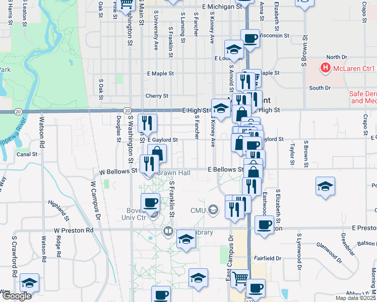 map of restaurants, bars, coffee shops, grocery stores, and more near 1011 South Lansing Street in Mount Pleasant