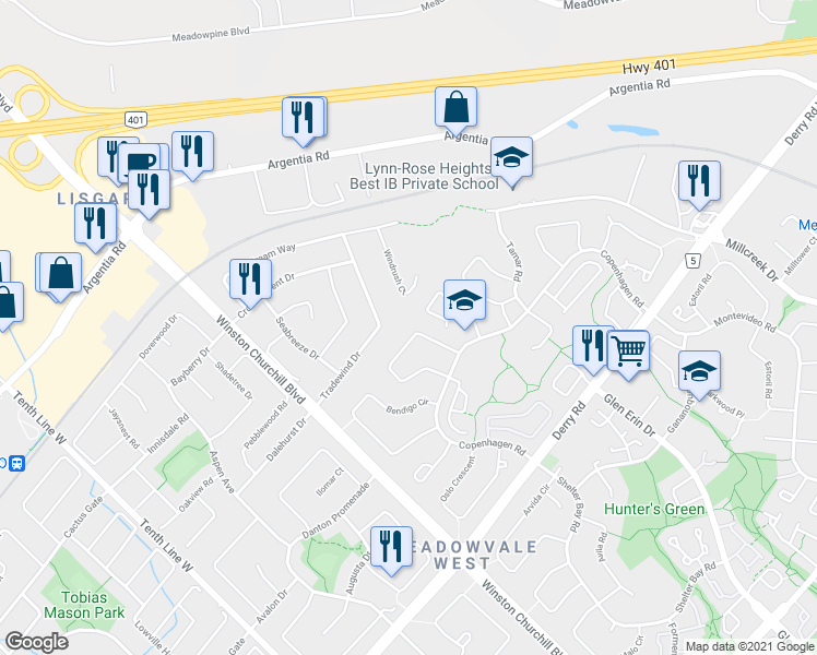 map of restaurants, bars, coffee shops, grocery stores, and more near 7189 Joliette Crescent in Mississauga