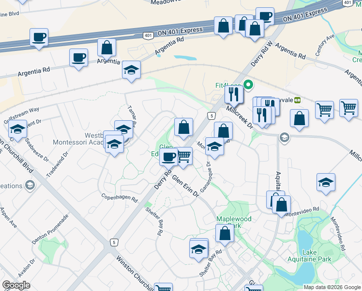 map of restaurants, bars, coffee shops, grocery stores, and more near 7030 Copenhagen Road in Mississauga