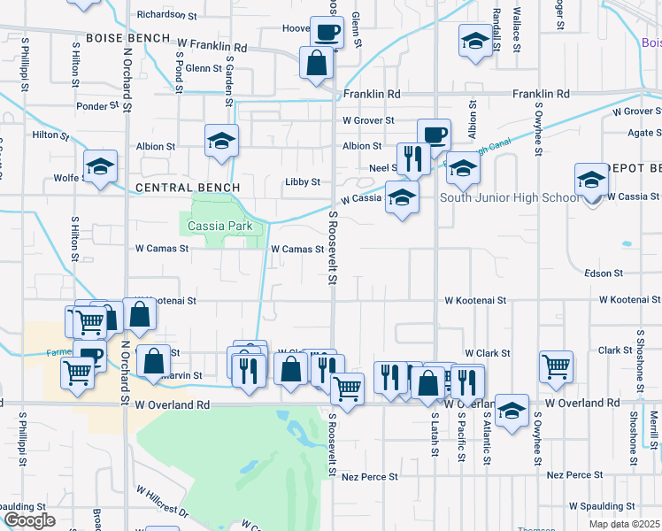 map of restaurants, bars, coffee shops, grocery stores, and more near 1013 South Roosevelt Street in Boise