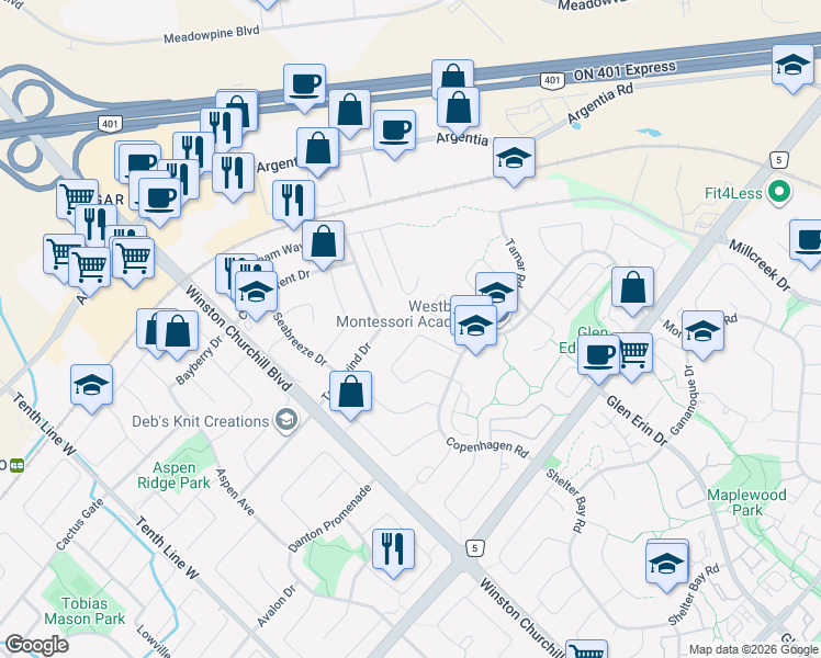 map of restaurants, bars, coffee shops, grocery stores, and more near 7189 Joliette Crescent in Mississauga