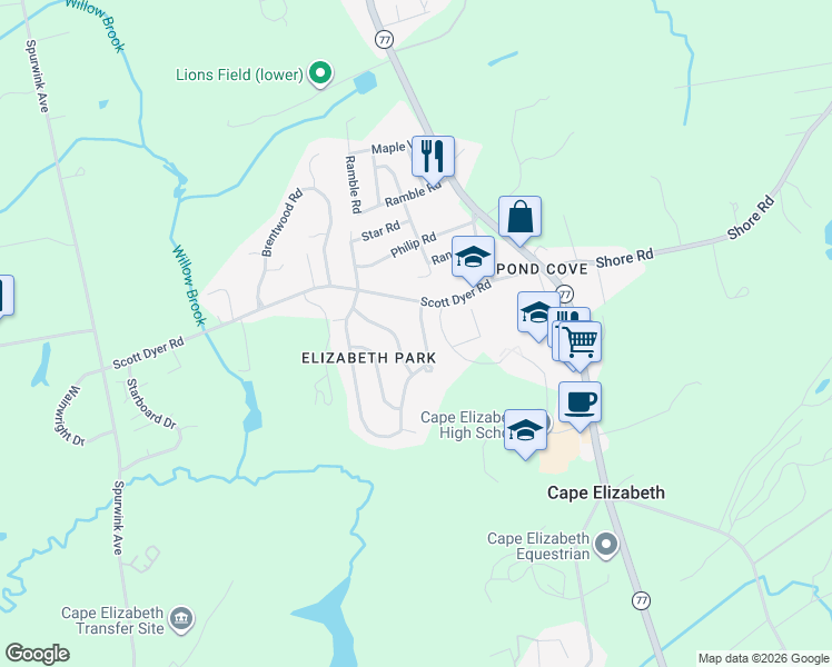 map of restaurants, bars, coffee shops, grocery stores, and more near 10 Farm Hill Road in Cape Elizabeth