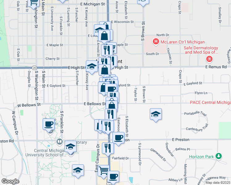 map of restaurants, bars, coffee shops, grocery stores, and more near 1014 South Anna Street in Mount Pleasant