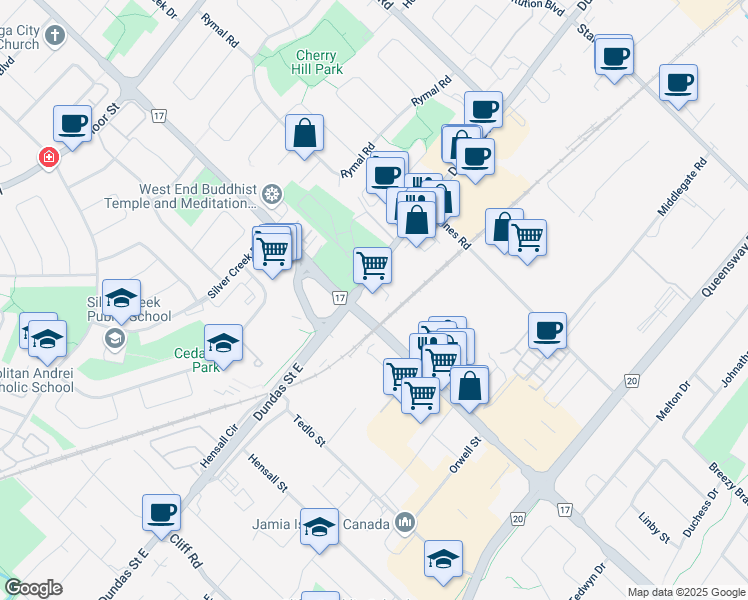 map of restaurants, bars, coffee shops, grocery stores, and more near in Mississauga