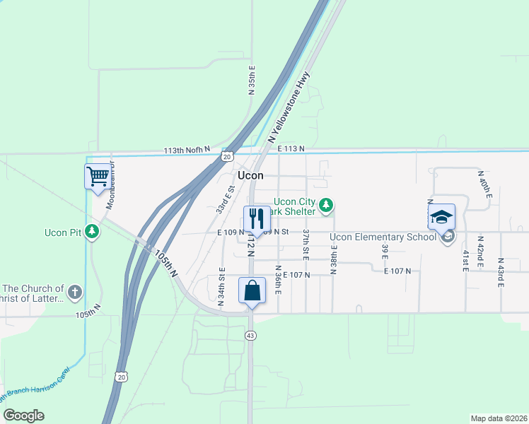map of restaurants, bars, coffee shops, grocery stores, and more near 3544 E 110th N in Idaho Falls