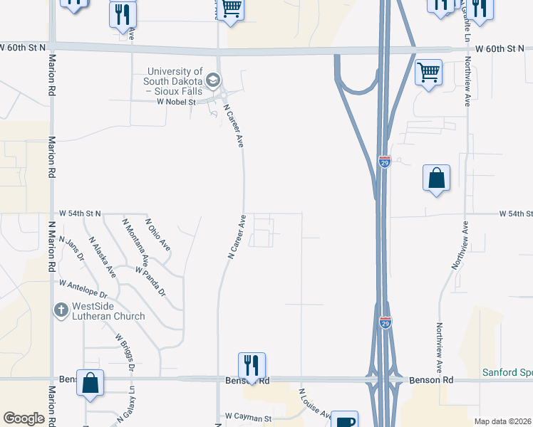 map of restaurants, bars, coffee shops, grocery stores, and more near 4001 West 54th Street in Sioux Falls
