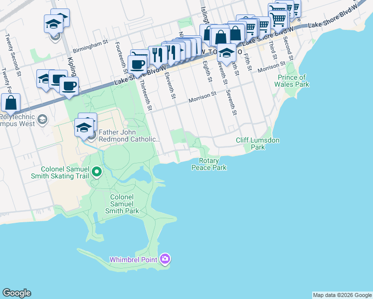 map of restaurants, bars, coffee shops, grocery stores, and more near 160 Lakeshore Drive in Toronto