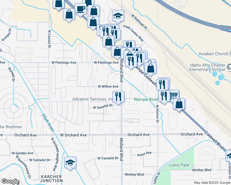 map of restaurants, bars, coffee shops, grocery stores, and more near 1117 North Midland Boulevard in Nampa