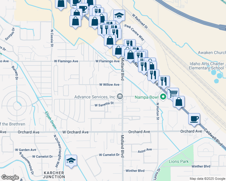 map of restaurants, bars, coffee shops, grocery stores, and more near 1107 West Willow Avenue in Nampa