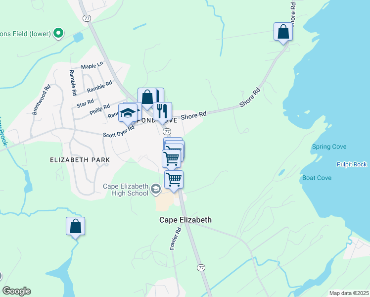 map of restaurants, bars, coffee shops, grocery stores, and more near 326 Ocean House Road in Cape Elizabeth