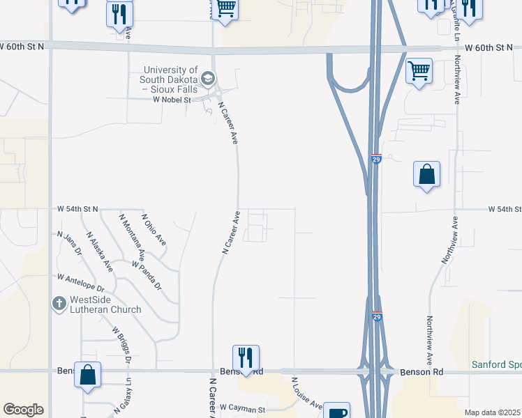 map of restaurants, bars, coffee shops, grocery stores, and more near 4001 West 54th Street in Sioux Falls