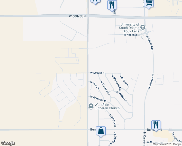 map of restaurants, bars, coffee shops, grocery stores, and more near 5221 West 54th Street in Sioux Falls