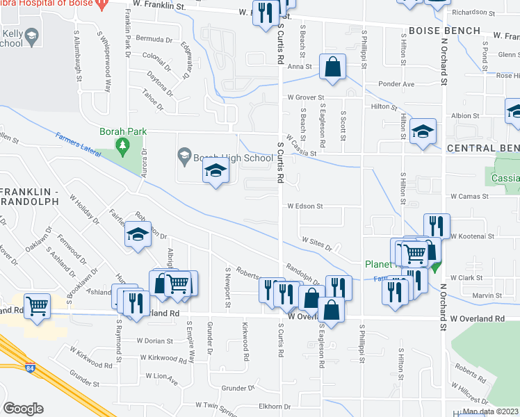 map of restaurants, bars, coffee shops, grocery stores, and more near 1023 S Curtis Rd in Boise