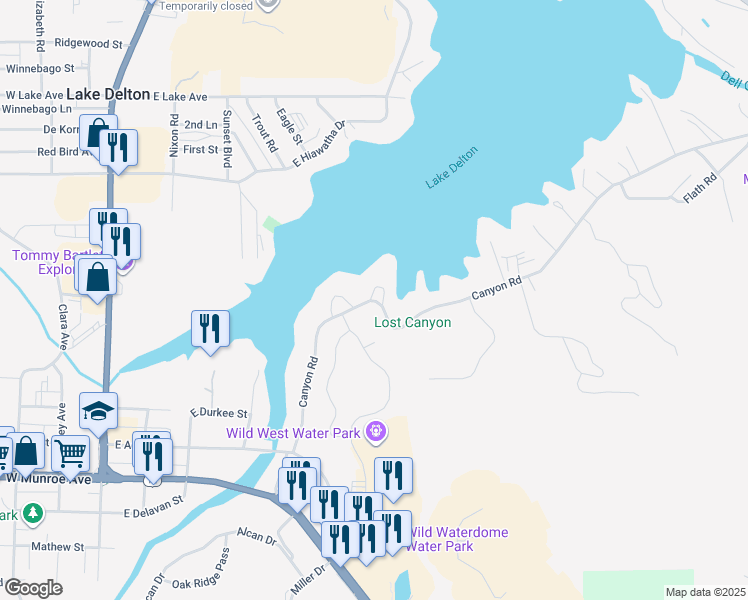 map of restaurants, bars, coffee shops, grocery stores, and more near 603 Canyon Road in Wisconsin Dells