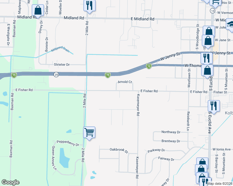 map of restaurants, bars, coffee shops, grocery stores, and more near 3134 East Fisher Road in Bay City