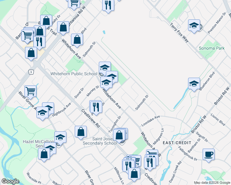 map of restaurants, bars, coffee shops, grocery stores, and more near 1370 Pickwick Drive in Mississauga