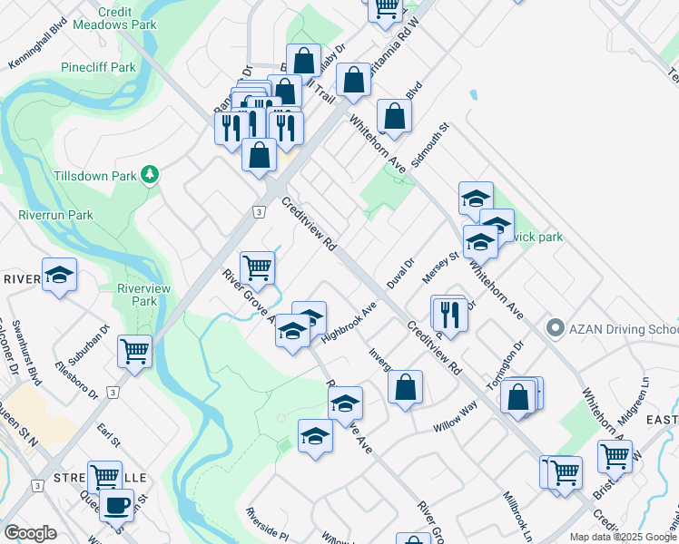 map of restaurants, bars, coffee shops, grocery stores, and more near in Mississauga