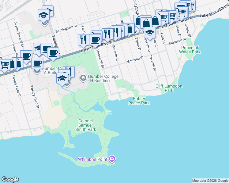 map of restaurants, bars, coffee shops, grocery stores, and more near 182 Lake Shore Drive in Toronto