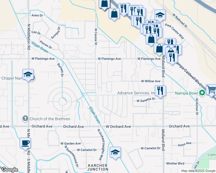 map of restaurants, bars, coffee shops, grocery stores, and more near 1715 West Flamingo Avenue in Nampa