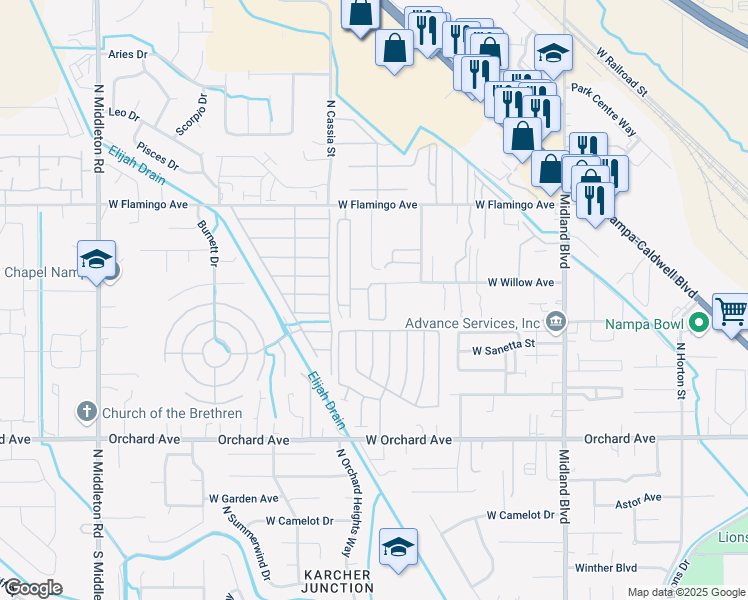 map of restaurants, bars, coffee shops, grocery stores, and more near 1715 West Flamingo Avenue in Nampa