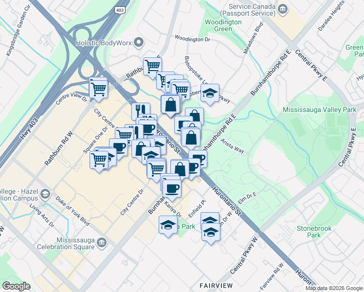 map of restaurants, bars, coffee shops, grocery stores, and more near 50 Absolute Avenue in Mississauga