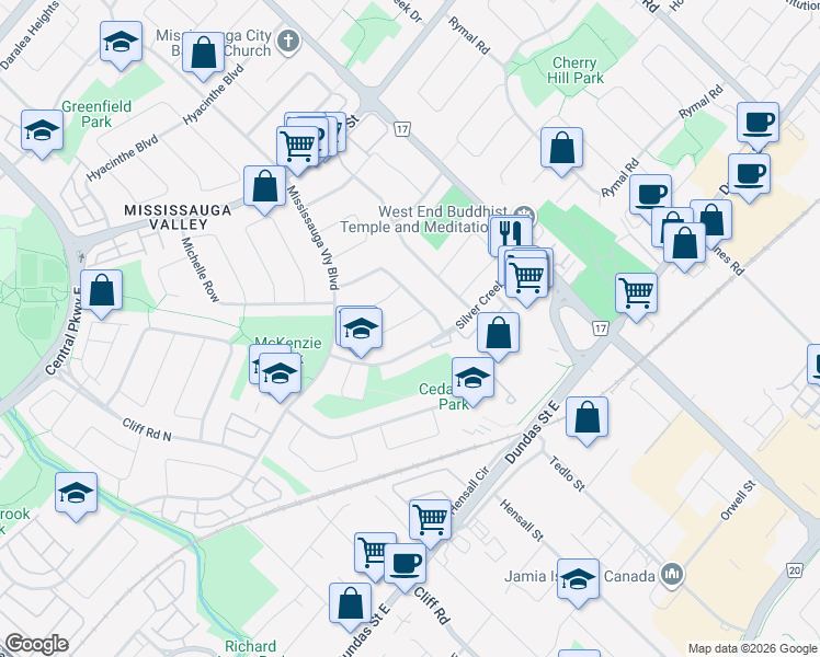 map of restaurants, bars, coffee shops, grocery stores, and more near 517 Silver Creek Boulevard in Mississauga