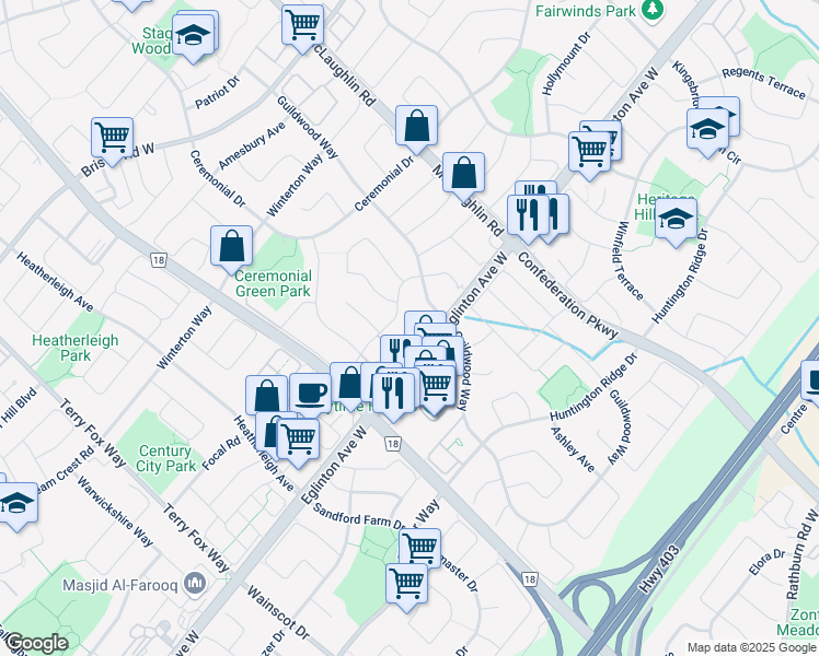 map of restaurants, bars, coffee shops, grocery stores, and more near 666 Constellation Drive in Mississauga