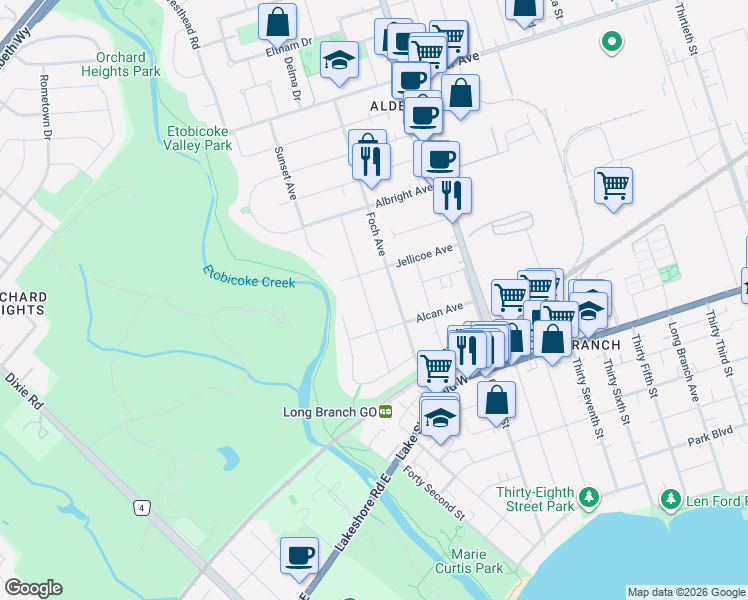 map of restaurants, bars, coffee shops, grocery stores, and more near 35 Gort Avenue in Toronto