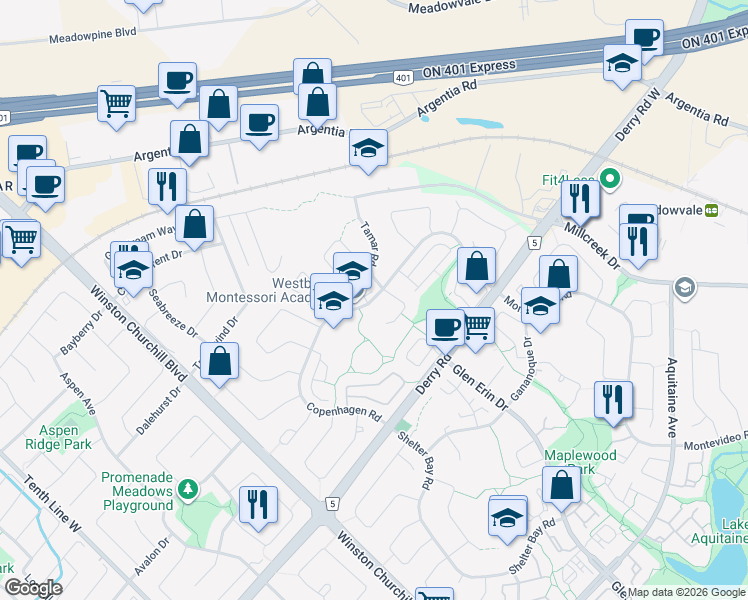 map of restaurants, bars, coffee shops, grocery stores, and more near Copenhagen Road in Mississauga