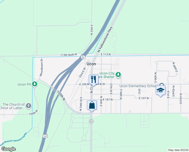 map of restaurants, bars, coffee shops, grocery stores, and more near 3544 E 110th N in Idaho Falls