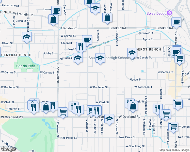 map of restaurants, bars, coffee shops, grocery stores, and more near 1021 Johnson Street in Boise