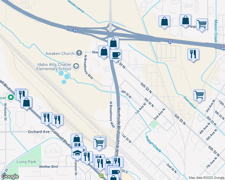 map of restaurants, bars, coffee shops, grocery stores, and more near 332 North Broadmore Way in Nampa