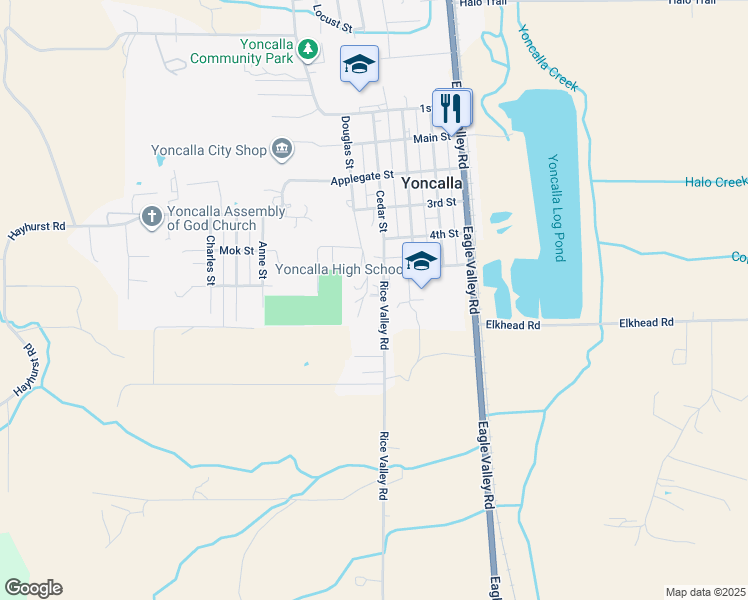 map of restaurants, bars, coffee shops, grocery stores, and more near 759 Douglas Street in Yoncalla
