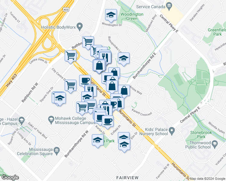 map of restaurants, bars, coffee shops, grocery stores, and more near in Mississauga