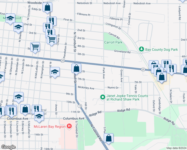 map of restaurants, bars, coffee shops, grocery stores, and more near 2227 7th Street in Bay City