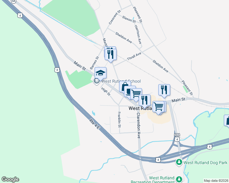 map of restaurants, bars, coffee shops, grocery stores, and more near 595 Main Street in West Rutland