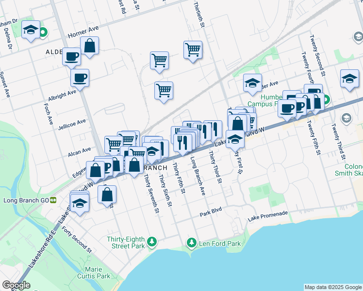 map of restaurants, bars, coffee shops, grocery stores, and more near 85 Eastwood Park Gardens in Toronto