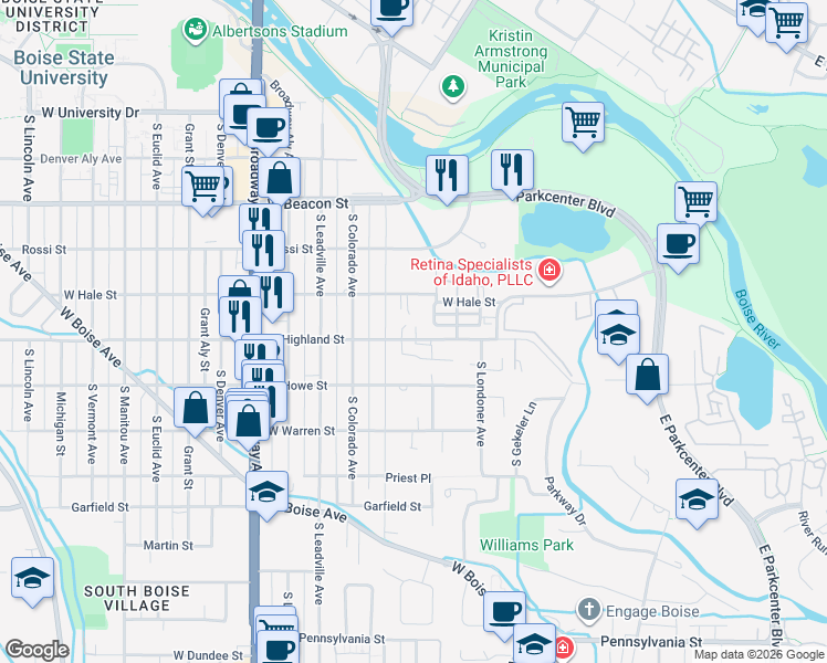 map of restaurants, bars, coffee shops, grocery stores, and more near 511 West Highland Street in Boise