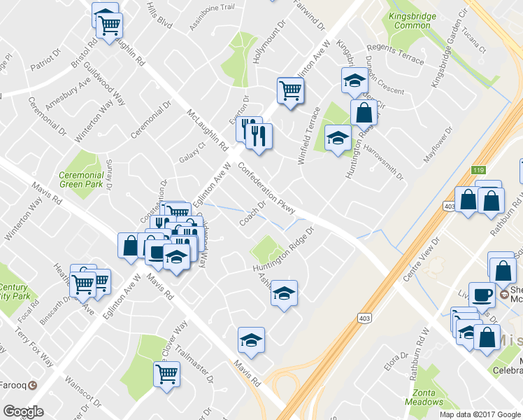map of restaurants, bars, coffee shops, grocery stores, and more near 4397 Trail Blazer Way in Mississauga