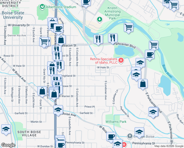 map of restaurants, bars, coffee shops, grocery stores, and more near 511 West Highland Street in Boise
