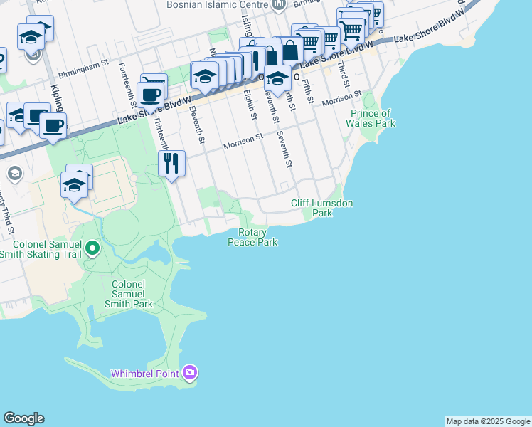 map of restaurants, bars, coffee shops, grocery stores, and more near 135 Lakeshore Drive in Toronto