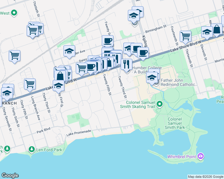 map of restaurants, bars, coffee shops, grocery stores, and more near 79 Twenty Fifth Street in Toronto