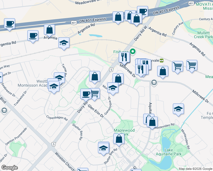 map of restaurants, bars, coffee shops, grocery stores, and more near 7077 Estoril Road in Mississauga