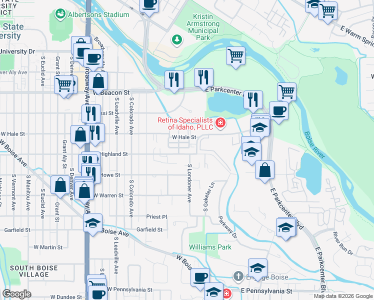 map of restaurants, bars, coffee shops, grocery stores, and more near 326 West Highland Street in Boise