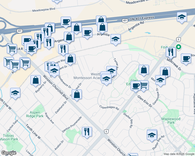 map of restaurants, bars, coffee shops, grocery stores, and more near 7251 Copenhagen Road in Mississauga